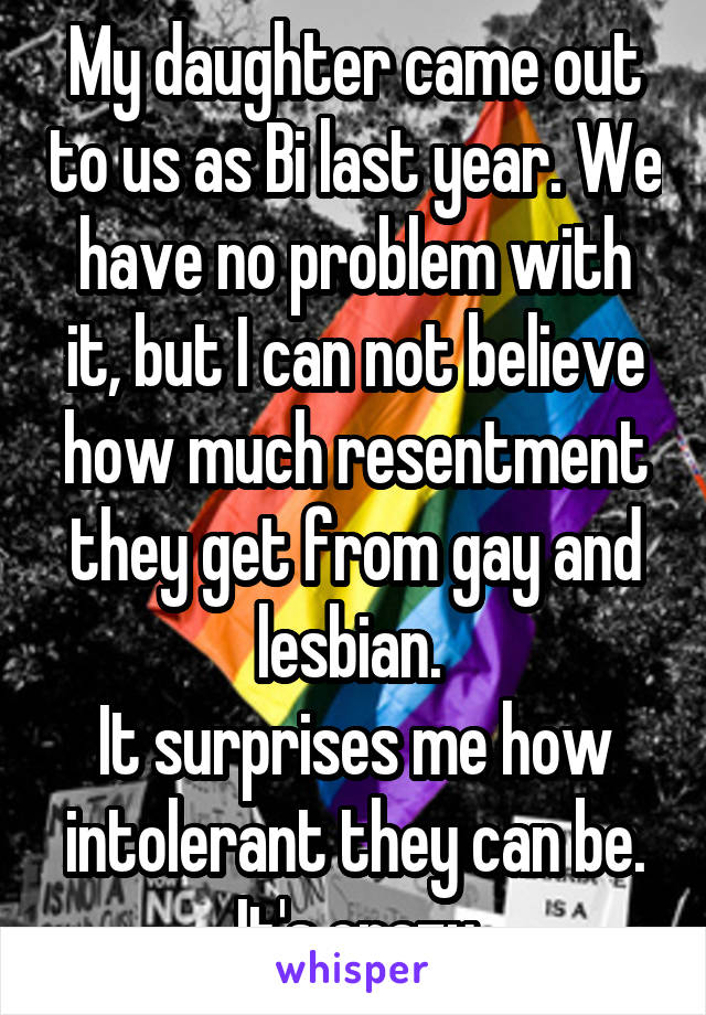 My daughter came out to us as Bi last year. We have no problem with it, but I can not believe how much resentment they get from gay and lesbian. 
It surprises me how intolerant they can be.
It's crazy