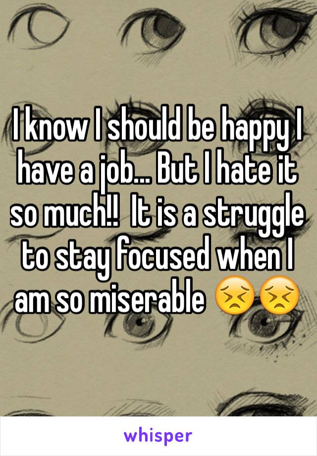 I know I should be happy I have a job... But I hate it so much!!  It is a struggle to stay focused when I am so miserable 😣😣