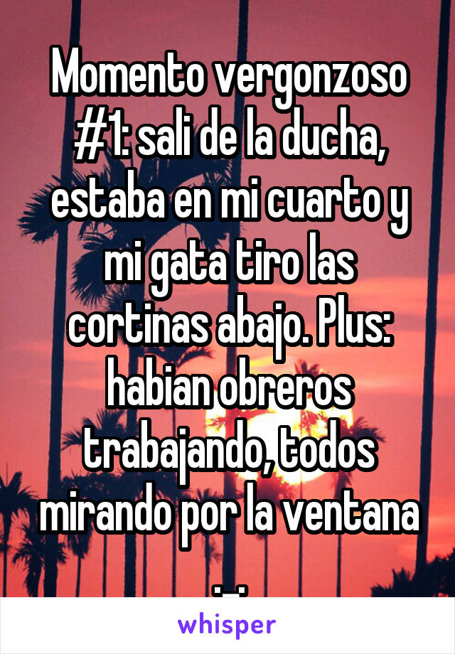 Momento vergonzoso #1: sali de la ducha, estaba en mi cuarto y mi gata tiro las cortinas abajo. Plus: habian obreros trabajando, todos mirando por la ventana ._.