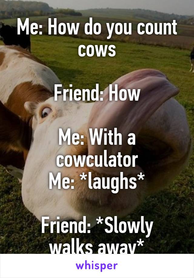 Me: How do you count cows

Friend: How

Me: With a cowculator
Me: *laughs*

Friend: *Slowly walks away*