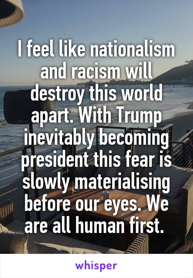 I feel like nationalism and racism will destroy this world apart. With Trump inevitably becoming president this fear is slowly materialising before our eyes. We are all human first. 