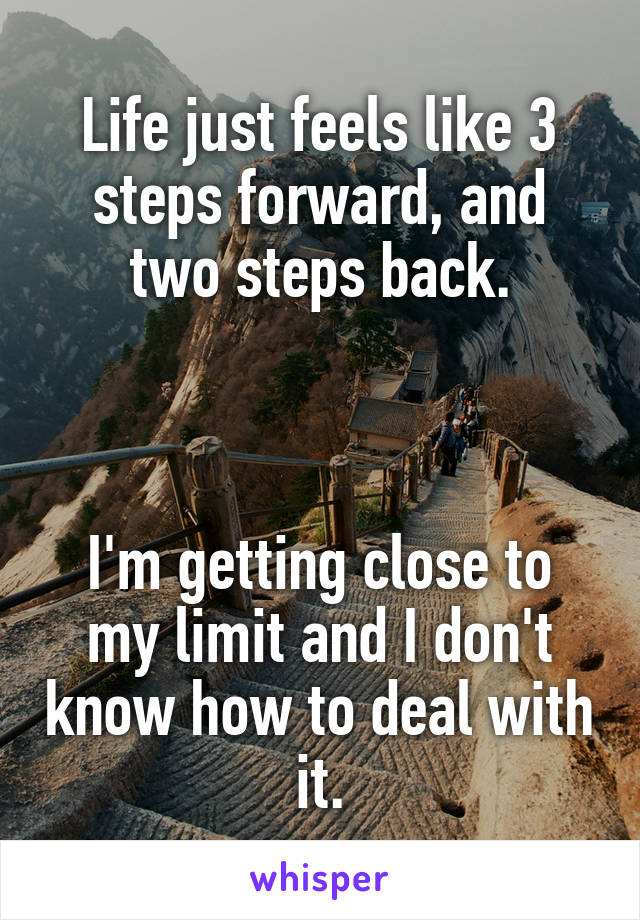 Life just feels like 3 steps forward, and two steps back.



I'm getting close to my limit and I don't know how to deal with it.