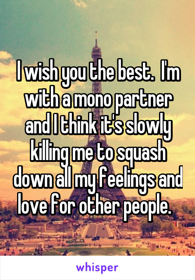 I wish you the best.  I'm with a mono partner and I think it's slowly killing me to squash down all my feelings and love for other people.  