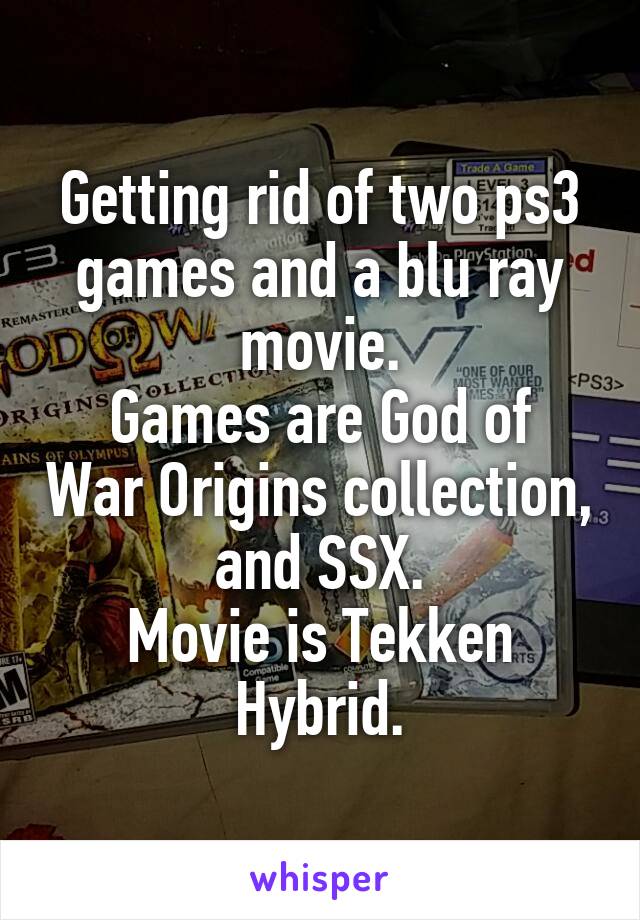 Getting rid of two ps3 games and a blu ray movie.
Games are God of War Origins collection, and SSX.
Movie is Tekken Hybrid.