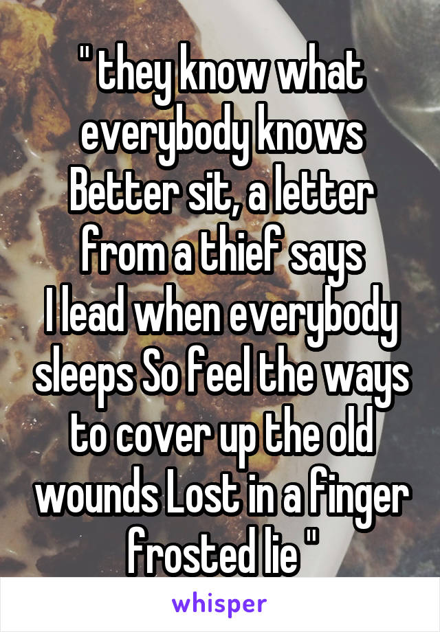 " they know what everybody knows Better sit, a letter from a thief says
I lead when everybody sleeps So feel the ways to cover up the old wounds Lost in a finger frosted lie "