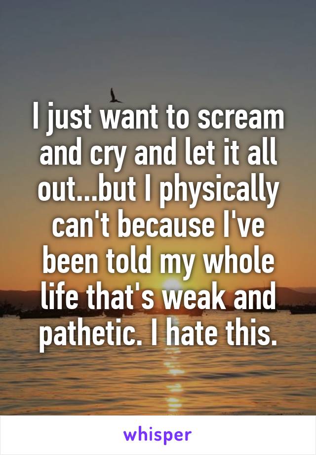 I just want to scream and cry and let it all out...but I physically can't because I've been told my whole life that's weak and pathetic. I hate this.