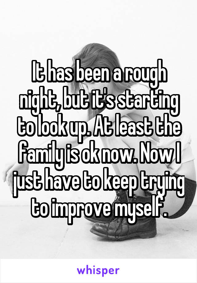 It has been a rough night, but it's starting to look up. At least the family is ok now. Now I just have to keep trying to improve myself.