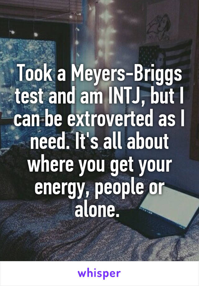 Took a Meyers-Briggs test and am INTJ, but I can be extroverted as I need. It's all about where you get your energy, people or alone. 