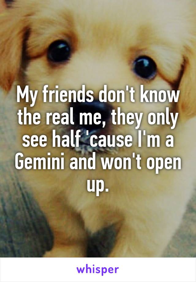 My friends don't know the real me, they only see half 'cause I'm a Gemini and won't open up.