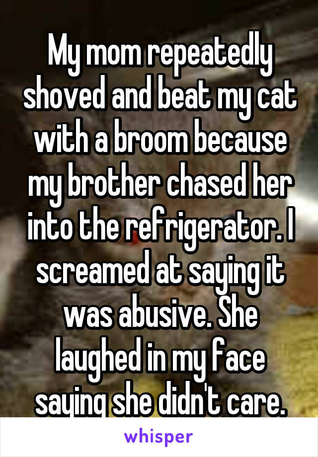 My mom repeatedly shoved and beat my cat with a broom because my brother chased her into the refrigerator. I screamed at saying it was abusive. She laughed in my face saying she didn't care.