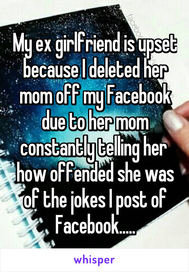 My ex girlfriend is upset because I deleted her mom off my Facebook due to her mom constantly telling her  how offended she was of the jokes I post of Facebook.....