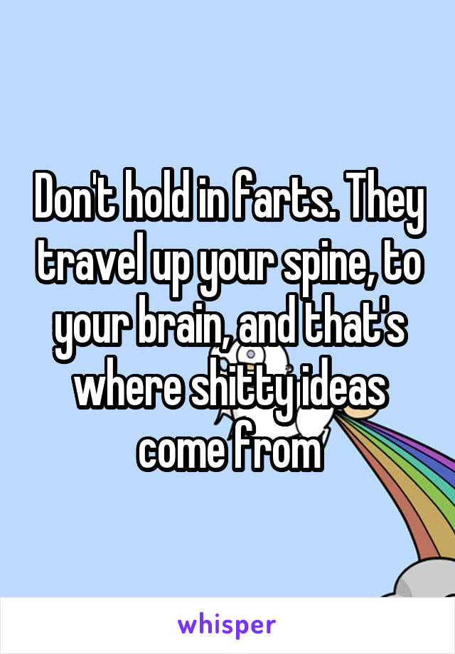 Don't hold in farts. They travel up your spine, to your brain, and that's where shitty ideas come from