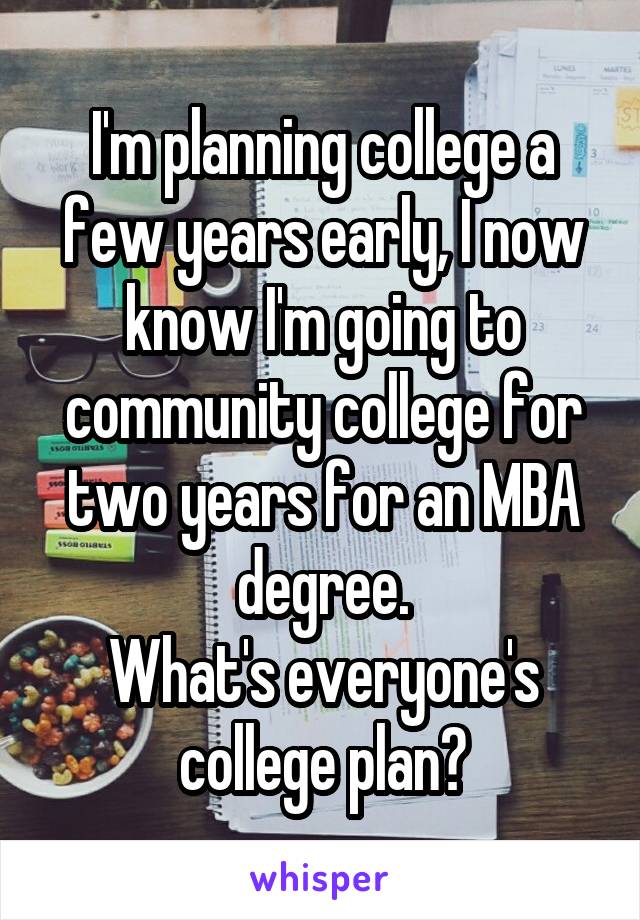 I'm planning college a few years early, I now know I'm going to community college for two years for an MBA degree.
What's everyone's college plan?