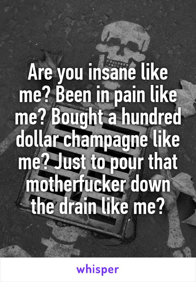 Are you insane like me? Been in pain like me? Bought a hundred dollar champagne like me? Just to pour that motherfucker down the drain like me?