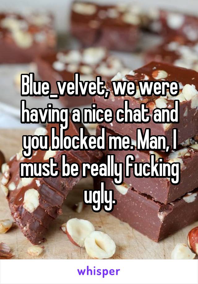 Blue_velvet, we were having a nice chat and you blocked me. Man, I must be really fucking ugly.