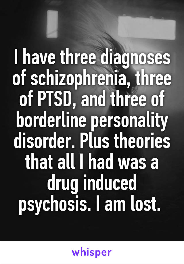 I have three diagnoses of schizophrenia, three of PTSD, and three of borderline personality disorder. Plus theories that all I had was a drug induced psychosis. I am lost. 