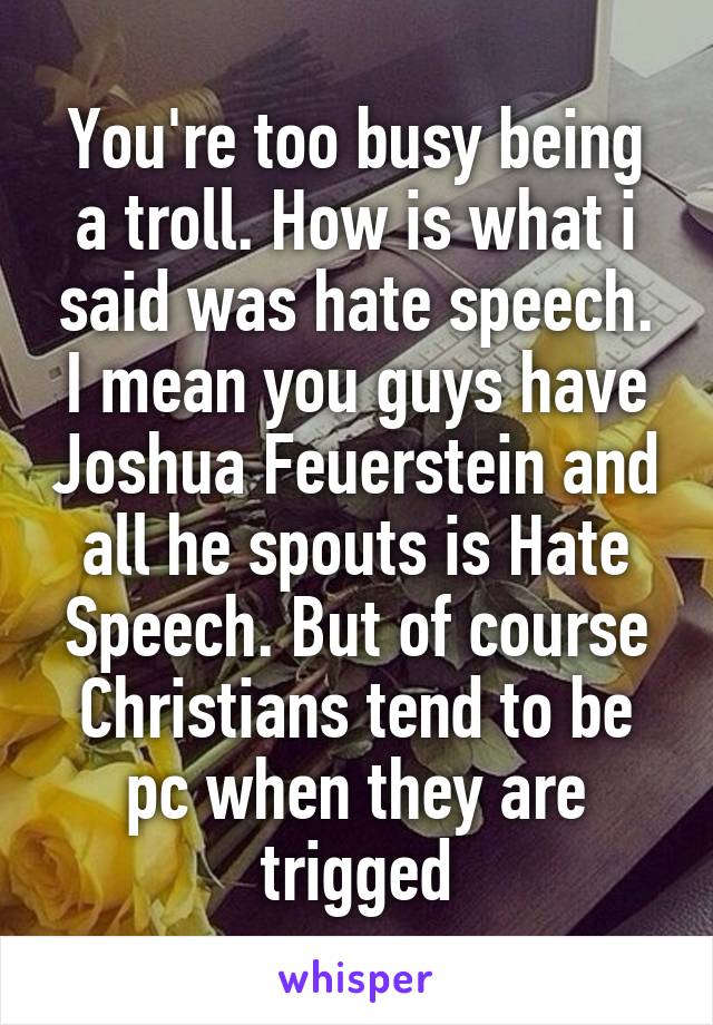 You're too busy being a troll. How is what i said was hate speech. I mean you guys have Joshua Feuerstein and all he spouts is Hate Speech. But of course Christians tend to be pc when they are trigged