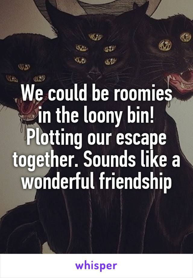 We could be roomies in the loony bin! Plotting our escape together. Sounds like a wonderful friendship