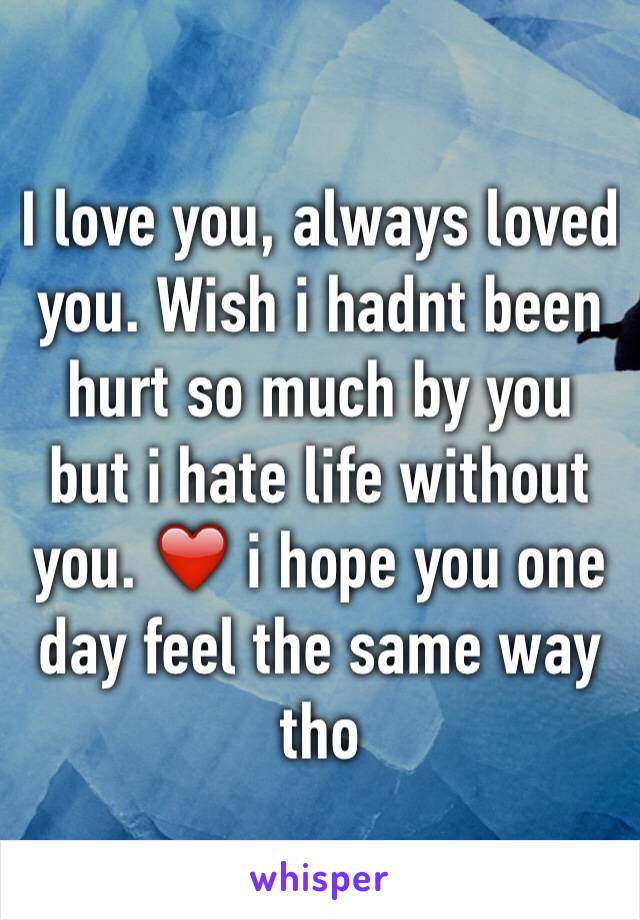 I love you, always loved you. Wish i hadnt been hurt so much by you but i hate life without you. ❤️ i hope you one day feel the same way tho