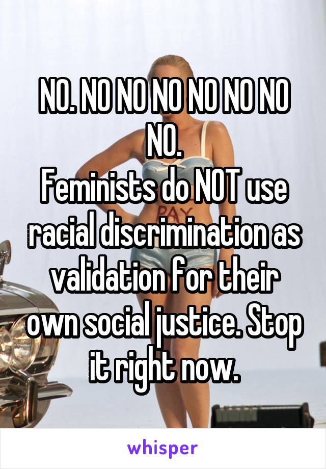 NO. NO NO NO NO NO NO NO.
Feminists do NOT use racial discrimination as validation for their own social justice. Stop it right now.