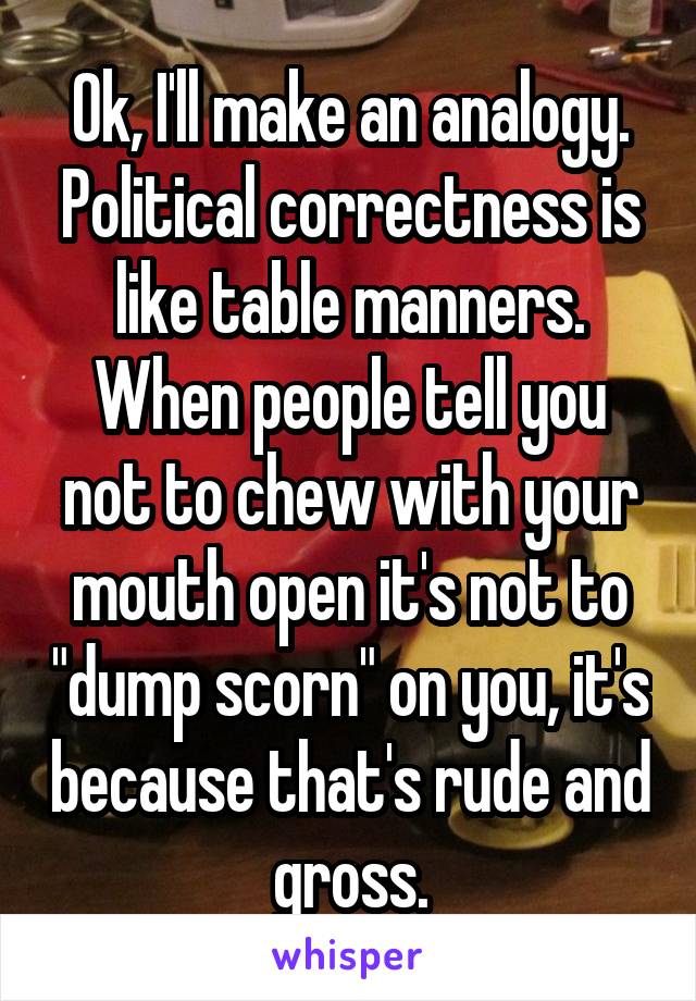 Ok, I'll make an analogy. Political correctness is like table manners. When people tell you not to chew with your mouth open it's not to "dump scorn" on you, it's because that's rude and gross.