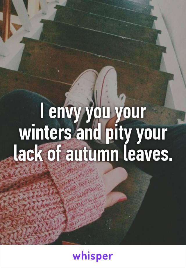 I envy you your winters and pity your lack of autumn leaves.