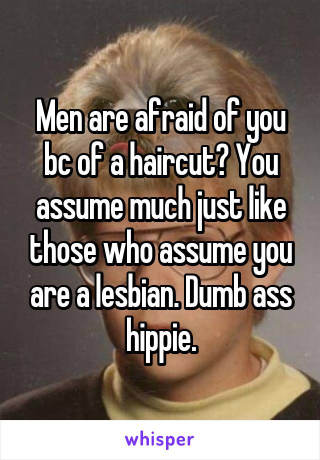 Men are afraid of you bc of a haircut? You assume much just like those who assume you are a lesbian. Dumb ass hippie.