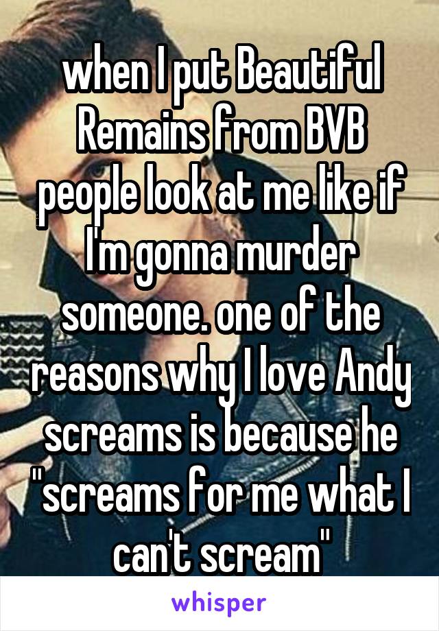 when I put Beautiful Remains from BVB people look at me like if I'm gonna murder someone. one of the reasons why I love Andy screams is because he "screams for me what I can't scream"