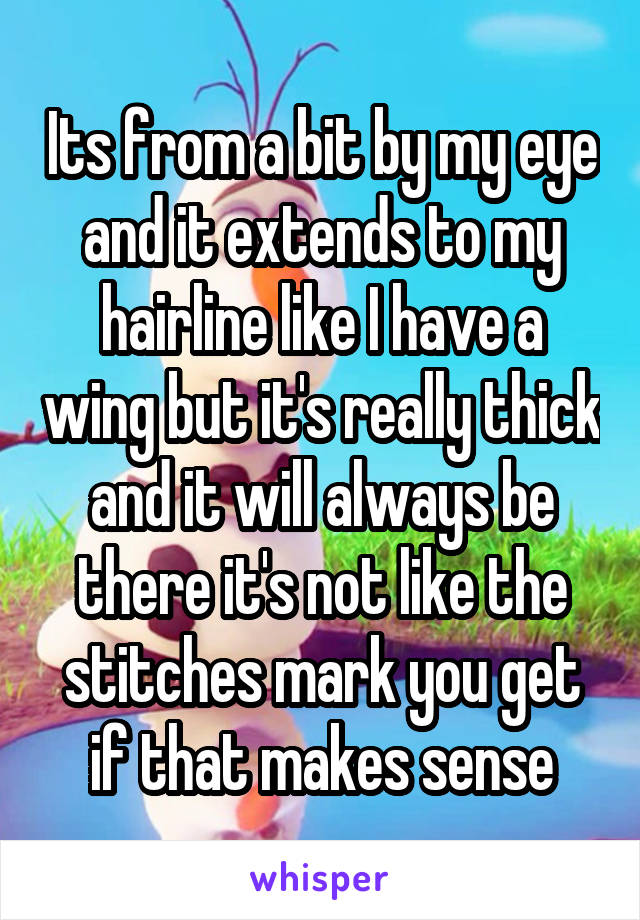 Its from a bit by my eye and it extends to my hairline like I have a wing but it's really thick and it will always be there it's not like the stitches mark you get if that makes sense