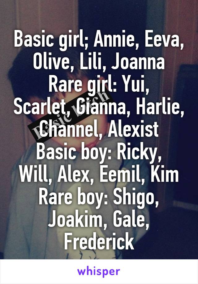 Basic girl; Annie, Eeva, Olive, Lili, Joanna
Rare girl: Yui, Scarlet, Gianna, Harlie, Channel, Alexist
Basic boy: Ricky, Will, Alex, Eemil, Kim
Rare boy: Shigo, Joakim, Gale, Frederick