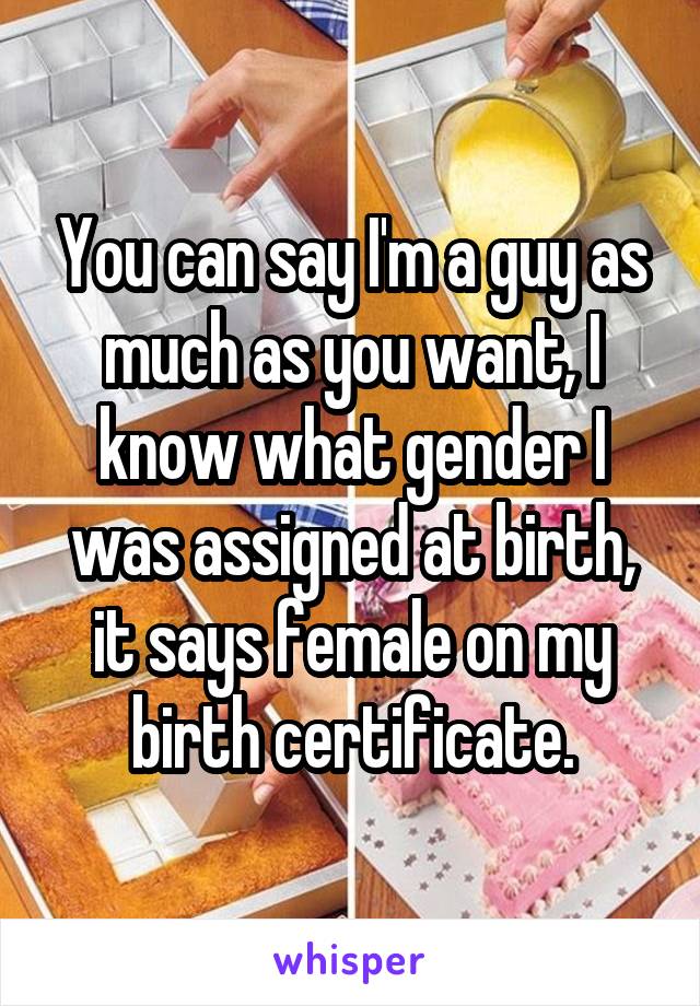 You can say I'm a guy as much as you want, I know what gender I was assigned at birth, it says female on my birth certificate.