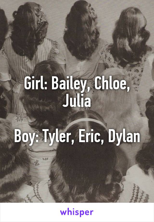 Girl: Bailey, Chloe, Julia

Boy: Tyler, Eric, Dylan