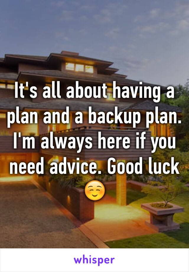 It's all about having a plan and a backup plan. I'm always here if you need advice. Good luck☺️