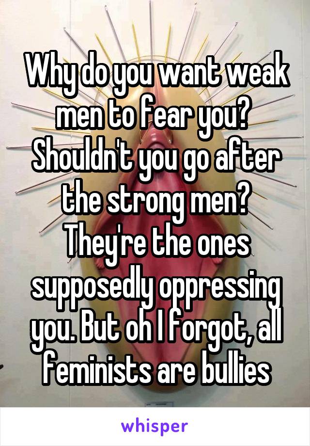 Why do you want weak men to fear you?  Shouldn't you go after the strong men? They're the ones supposedly oppressing you. But oh I forgot, all feminists are bullies