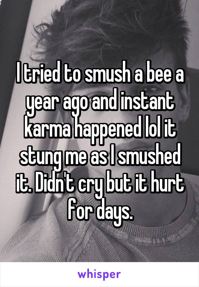 I tried to smush a bee a year ago and instant karma happened lol it stung me as I smushed it. Didn't cry but it hurt for days.