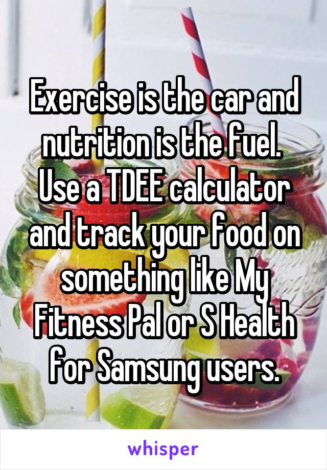 Exercise is the car and nutrition is the fuel.  Use a TDEE calculator and track your food on something like My Fitness Pal or S Health for Samsung users.