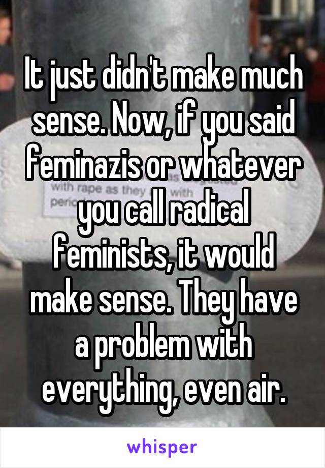 It just didn't make much sense. Now, if you said feminazis or whatever you call radical feminists, it would make sense. They have a problem with everything, even air.