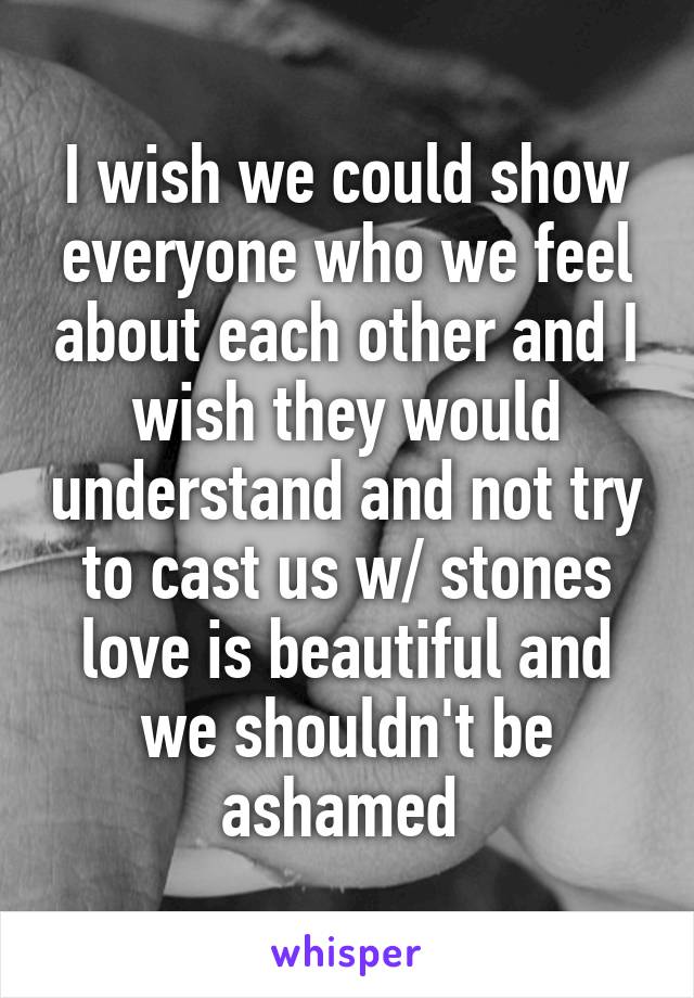 I wish we could show everyone who we feel about each other and I wish they would understand and not try to cast us w/ stones love is beautiful and we shouldn't be ashamed 
