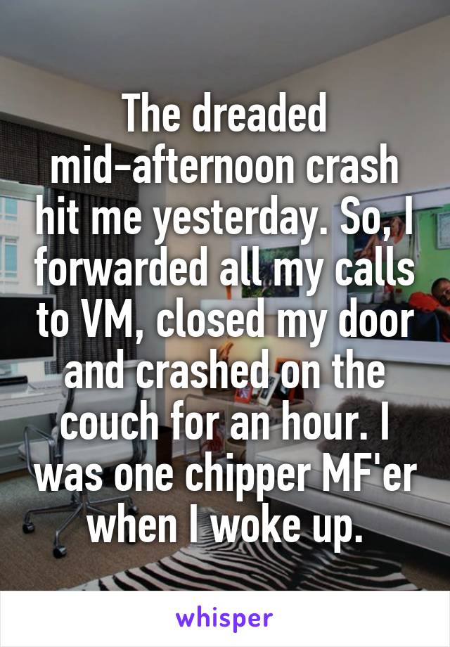 The dreaded mid-afternoon crash hit me yesterday. So, I forwarded all my calls to VM, closed my door and crashed on the couch for an hour. I was one chipper MF'er when I woke up.