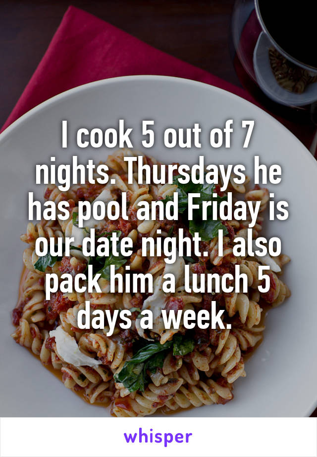 I cook 5 out of 7 nights. Thursdays he has pool and Friday is our date night. I also pack him a lunch 5 days a week. 