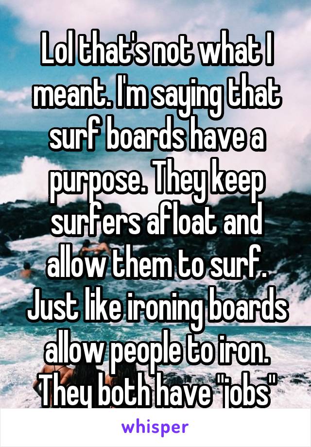 Lol that's not what I meant. I'm saying that surf boards have a purpose. They keep surfers afloat and allow them to surf. Just like ironing boards allow people to iron. They both have "jobs"