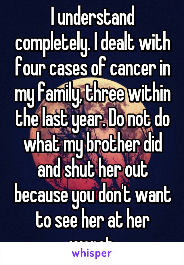 I understand completely. I dealt with four cases of cancer in my family, three within the last year. Do not do what my brother did and shut her out because you don't want to see her at her worst.