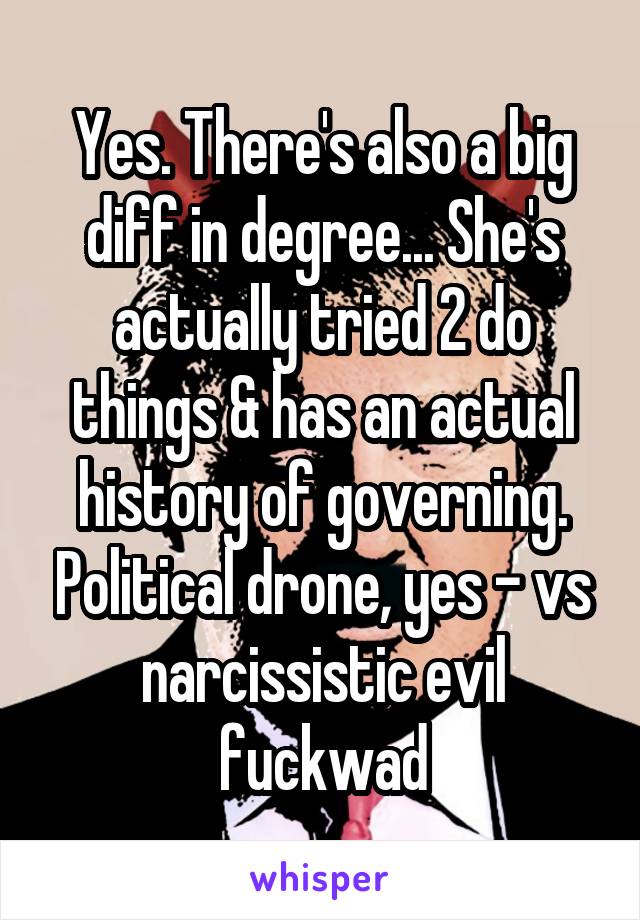 Yes. There's also a big diff in degree... She's actually tried 2 do things & has an actual history of governing. Political drone, yes - vs narcissistic evil fuckwad