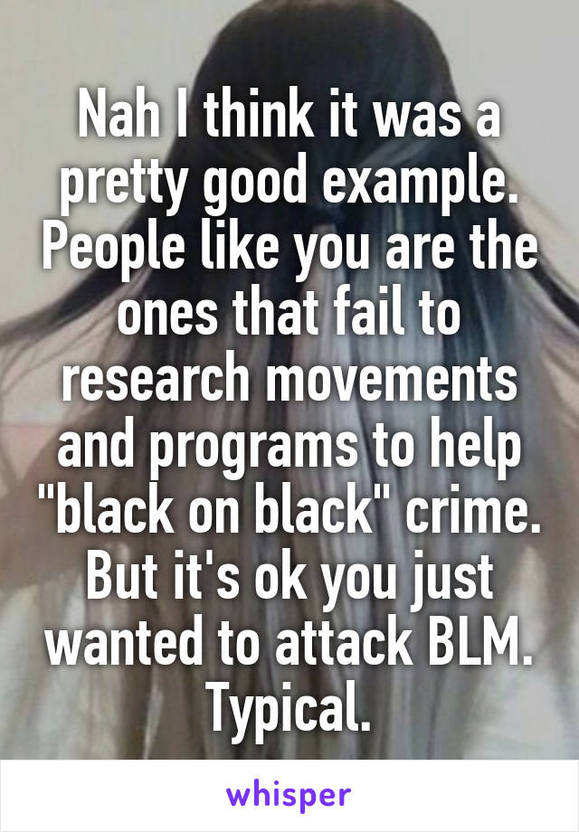 Nah I think it was a pretty good example. People like you are the ones that fail to research movements and programs to help "black on black" crime. But it's ok you just wanted to attack BLM. Typical.