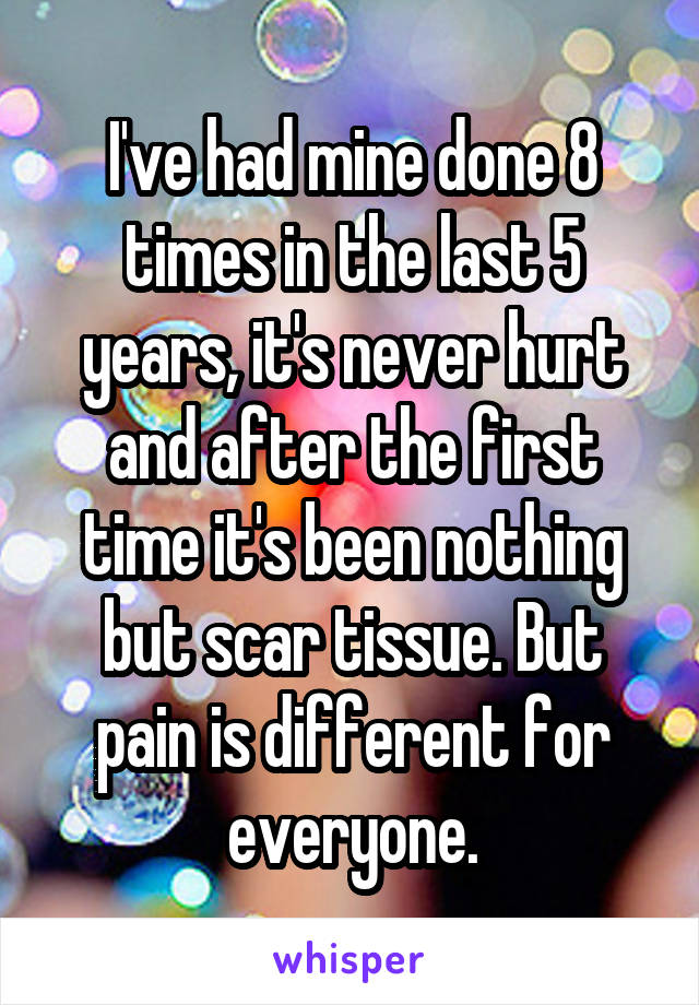 I've had mine done 8 times in the last 5 years, it's never hurt and after the first time it's been nothing but scar tissue. But pain is different for everyone.