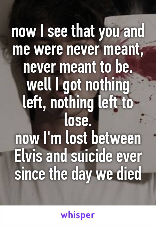 now I see that you and me were never meant, never meant to be.
well I got nothing left, nothing left to lose.
now I'm lost between Elvis and suicide ever since the day we died
