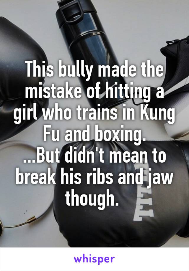 This bully made the mistake of hitting a girl who trains in Kung Fu and boxing.
...But didn't mean to break his ribs and jaw though. 