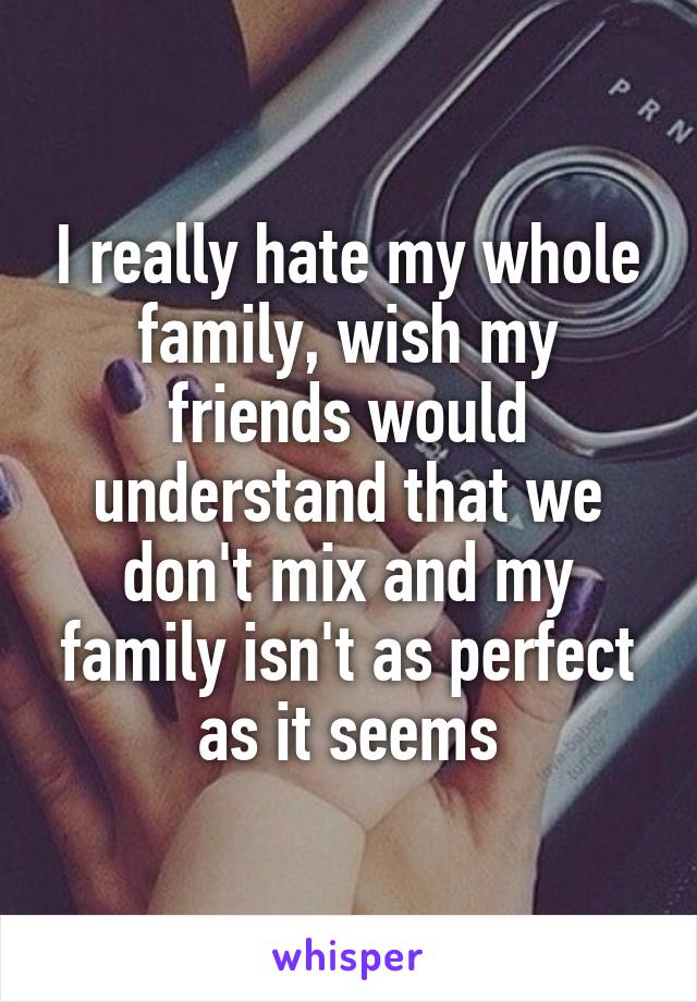 I really hate my whole family, wish my friends would understand that we don't mix and my family isn't as perfect as it seems