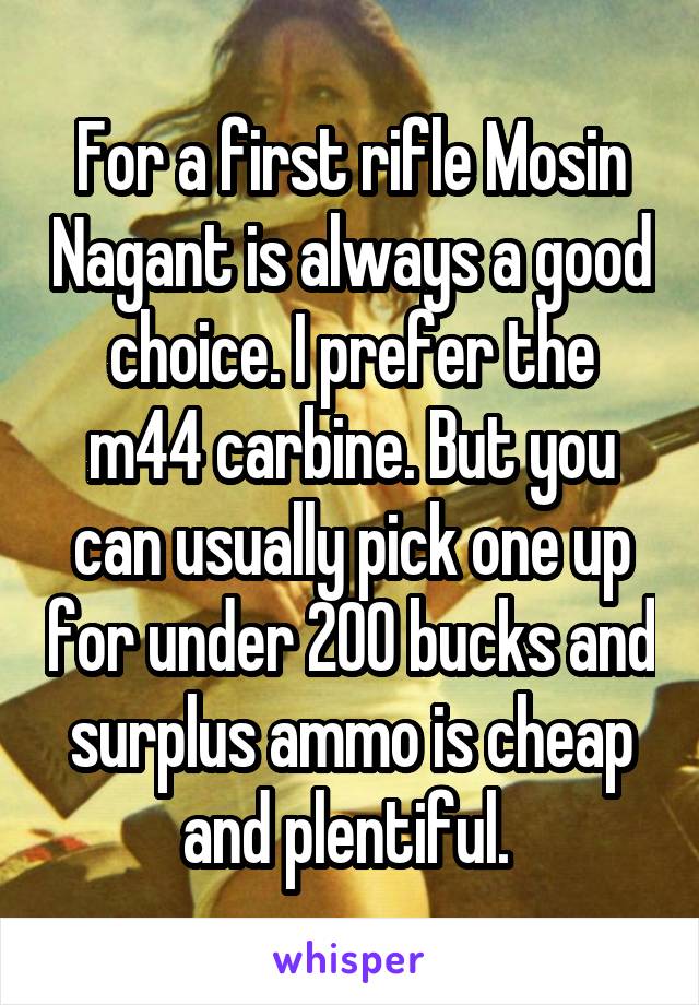 For a first rifle Mosin Nagant is always a good choice. I prefer the m44 carbine. But you can usually pick one up for under 200 bucks and surplus ammo is cheap and plentiful. 