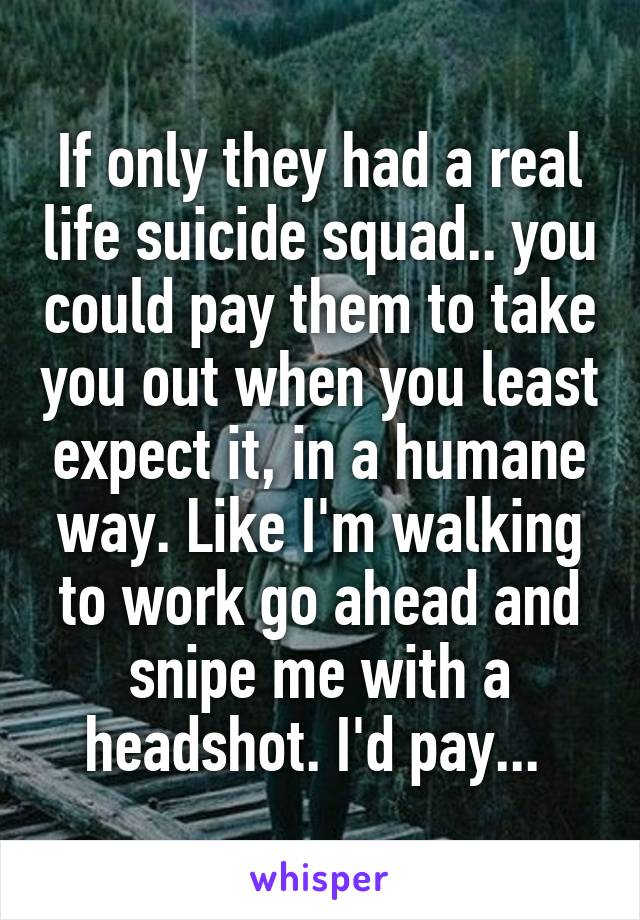 If only they had a real life suicide squad.. you could pay them to take you out when you least expect it, in a humane way. Like I'm walking to work go ahead and snipe me with a headshot. I'd pay... 